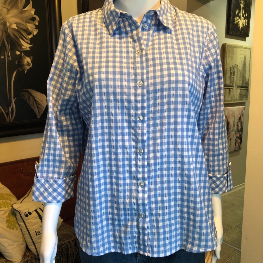 Women’s ALIA Blue and White Gingham Button-Up Shirt
Size 10P
EUC